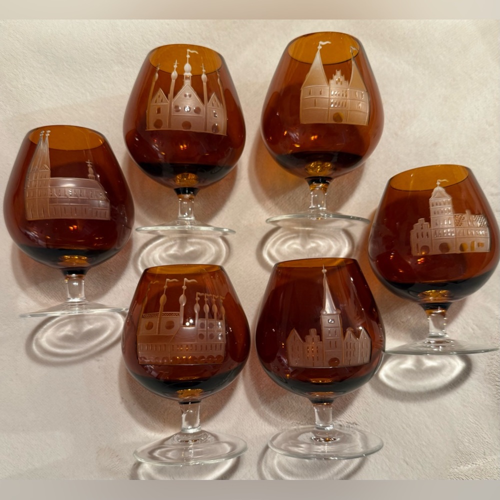 6 Carl Rotter, etched, amber, 6oz Lubeck crystal glasses. Brandy/cognac